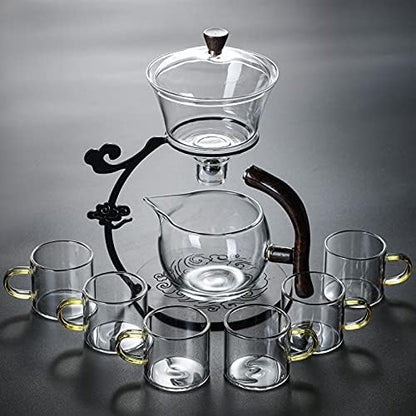 RORA Lazy Kungfu Glass Tea Set Semi Automatic Drip Rotating with Infuser Glass Teapot Set (6 cups)