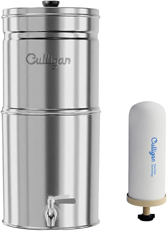 Culligan MaxClear 3 Gallon Gravity Water Filter System, Polished Stainless-Steel Countertop Water Filter NSF/ANSI Certified to Reduce Microplastics, Lead & Total PFAS, with 1 Ceramic Filter