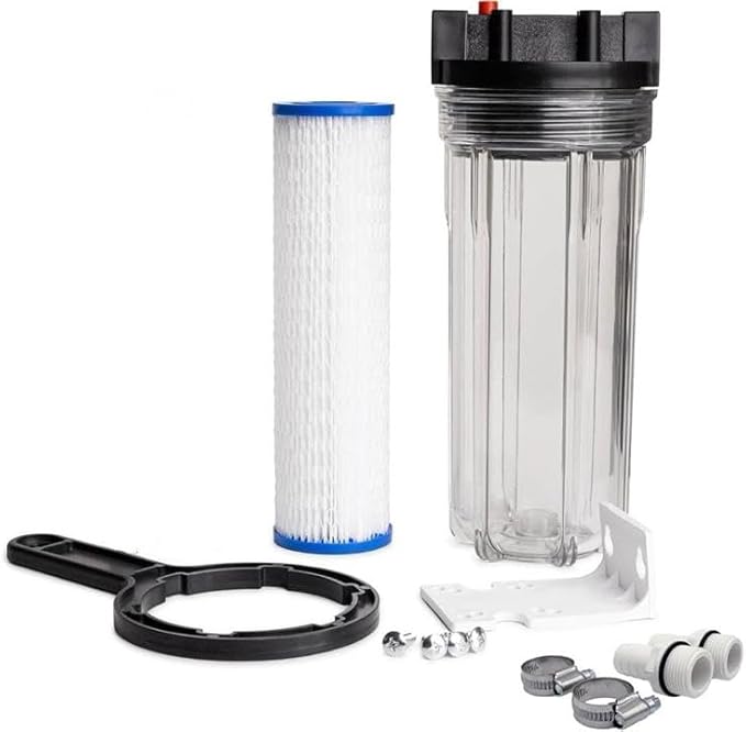Cold Plunge Water Filter System, 10" Housing with 3/4" NPT Ports, 1×50 Micron Pleated Filters, Mounting Kit & Wrench, Inline Sediment Filtration for Ice Baths, Whole House, Pool or Spa Use