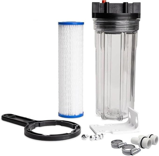 Cold Plunge Water Filter System, 10" Housing with 3/4" NPT Ports, 1×50 Micron Pleated Filters, Mounting Kit & Wrench, Inline Sediment Filtration for Ice Baths, Whole House, Pool or Spa Use