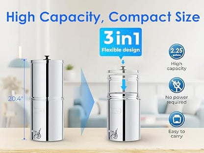 Waterdrop TK-A-FS Gravity Water Filter System, NSF/ANSI 42&372 Standard | Reduces Fluoride and Chlorine, Stainless-Steel Water System with 4 Filters and Metal Spigot for Home, 2.25G