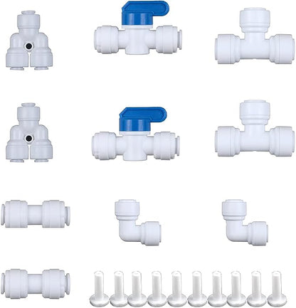 1/4 Water Line Fittings 1/4 Push to Connect Fittings for 1/4 OD Tubing(1/4 Ball Valve+1/4 T fitting+Y+L+I, Pack of 10)