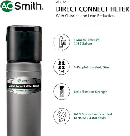 AO Smith Water Filter for Sink Faucet - Basic Direct Connect Under Sink Water Filter System - Carbon Block Filter Reduces Up to 99% of 9 Harmful Contaminants - AO-MF