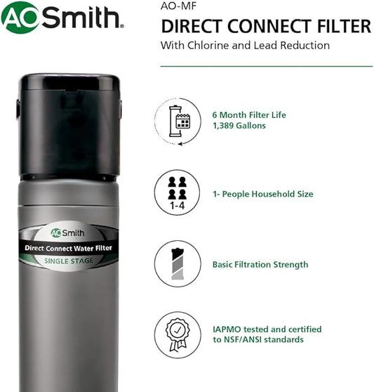 AO Smith Water Filter for Sink Faucet - Basic Direct Connect Under Sink Water Filter System - Carbon Block Filter Reduces Up to 99% of 9 Harmful Contaminants - AO-MF