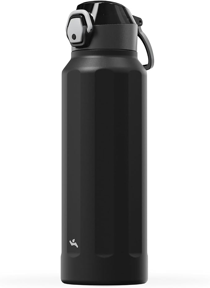 Konokyo FLOWPLAY 40oz Locking Push-Button Water Bottle with Silicone Spout,Leak-Proof,18/8 Stainless Steel Double-Wall Vacuum Insulated for Sports and Travel,BPA-Free,Black