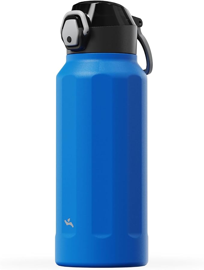 Konokyo FLOWPLAY 32oz Locking Push-Button Water Bottle with Silicone Spout,Leak-Proof,18/8 Stainless Steel Double-Wall Vacuum Insulated for Sports and Travel,BPA-Free,Sapphire Blue
