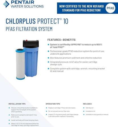 Pentair ChlorPlus Protect 10 Carbon Water Filter, PFAS Water Filter, NSF Certified to Reduce PFOA/PFOS, 10-Inch, Undersink Carbon Block Replacement Cartridge, 10" x 2.5", 1 Micron