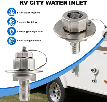 All Metal RV City Water Inlet With Check Valve - Durable Replacement Water Fill Connection for Camper, Motorhome, Trailer, Marine