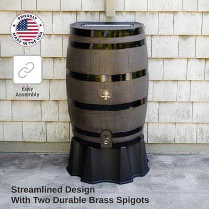 RTS Home Accents 50-Gallon Dual Spigot Rain Barrel, Flat Back Rain Water Collection Barrel, Stand Included, Woodgrain with Black Stripes