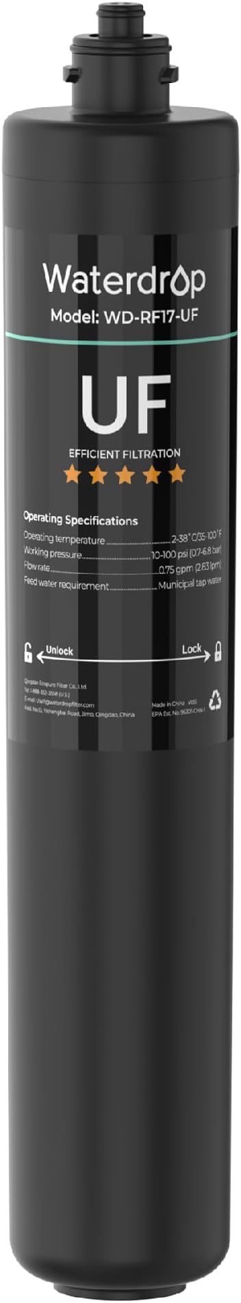 Waterdrop RF17-UF 0.01 μm Water Filter Replacement for Waterdrop 17UA/17UA-UF/17UB/17UB-UF Under Sink Water Filter, Reduces Lead, Chlorine, Bad Taste & Odor, 3 Years