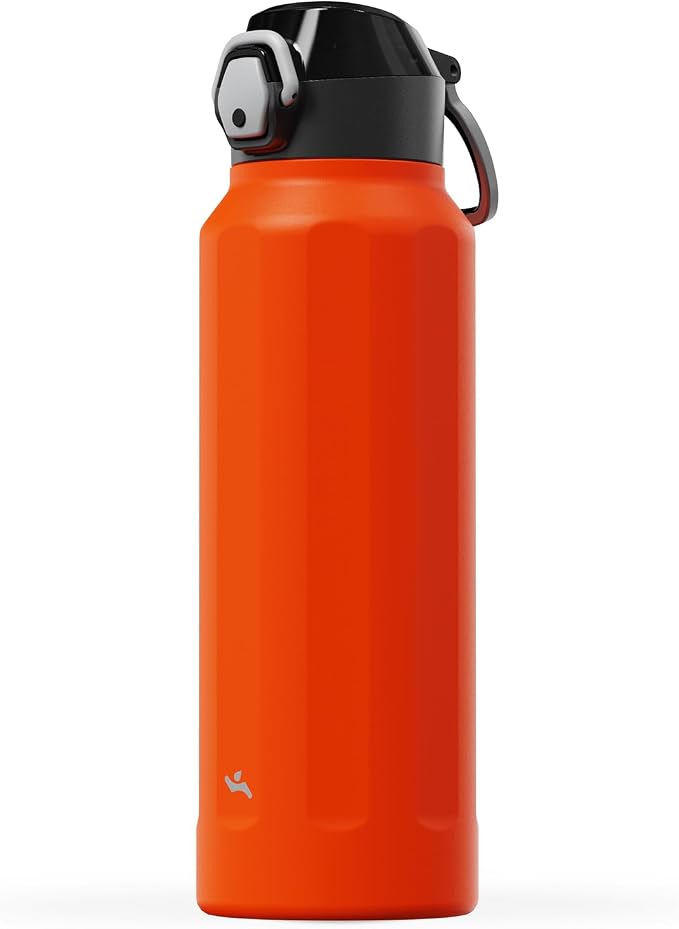 Konokyo FLOWPLAY 40oz Locking Push-Button Water Bottle with Silicone Spout,Leak-Proof,18/8 Stainless Steel Double-Wall Vacuum Insulated for Sports and Travel,BPA-Free,Orange