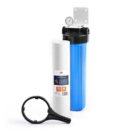 Aquaboon Whole House Water Filter Housing - 5 Micron Pleated Sediment Filter Housing Cartridge - Well Water Filter System for House w/Wrench, Bracket & Pressure Gauge & Release