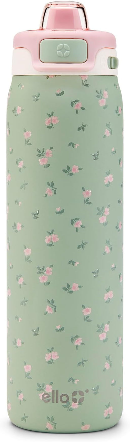 Ello Pop & Fill 22oz Stainless Steel Water Bottle with QuickFill Technology, Double Walled and Vacuum Insulated Metal, Leak Proof Locking Lid, Straw and Chug, Reusable, BPA Free, Full Bloom
