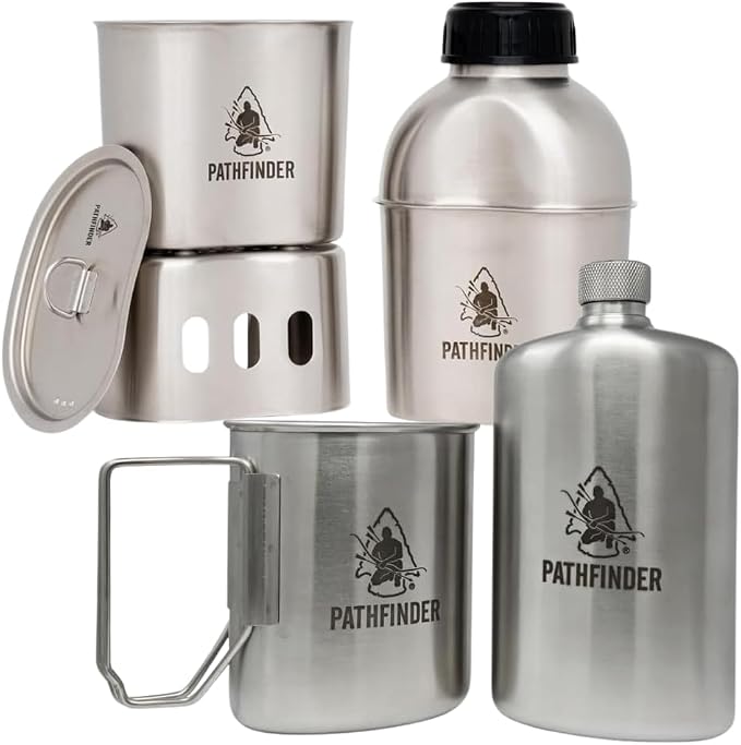 The Pathfinder School Canteen Cooking Set & Stainless Steel Nesting Cup with M34 Scout Canteen – Bushcraft Survival Gear, Camping Essentials, Hiking Water Bottle, Backpacking & Outdoor Cooking Kit