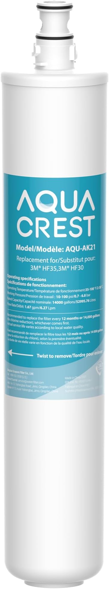 AQUA CREST HF30-MS Water Filter, Replacement for 3M® HF30, HF35, HF30-S, HF30-MS, HF35-MS, Reduces 99% of Chlorine, Bad Taste & Odor, 12 Months
