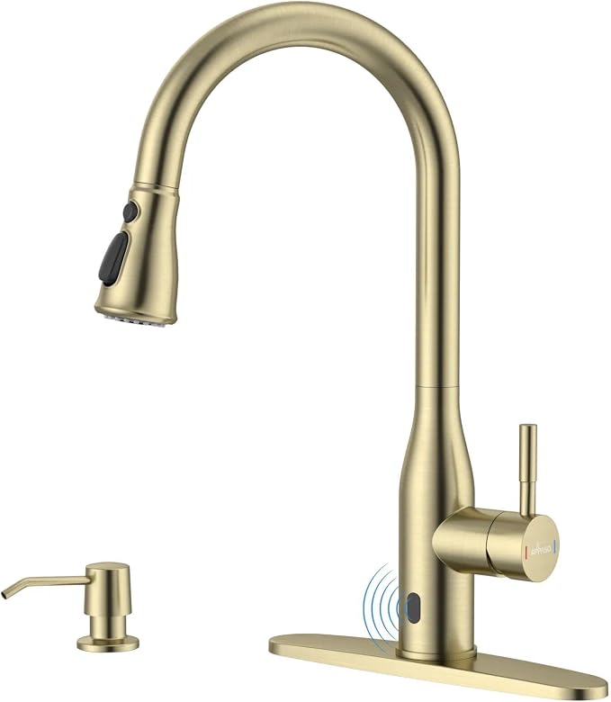 APPASO Gold Touchless Kitchen Sink Faucet with Soap Dispenser and Sprayer | S304 Stainless Steel cUPC-Certified Lead-Free Hoses Hands-Free on/off Sensor 3 WaterModes Fits 1-4 Hole Sinks with Deck Plate
