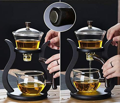 RORA Lazy Kungfu Glass Tea Set Semi Automatic Drip Rotating with Infuser Glass Teapot Set (6 cups)