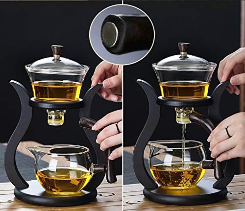 RORA Glass Teapot Set Semi Automatic Drip Rotating with Infuser Lazy Kungfu Tea pot Set (Bamboo)