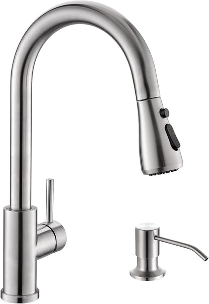 Kicimpro Kitchen Sink Faucet with Soap Dispenser, 3 Modes Kitchen Faucet with Pull Down Sprayer and Soap Dispenser, 304 Stainless Brushed Nickel Single Handle Kitchen Bar Faucets with Water Lines