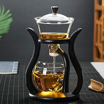 RORA Glass Teapot Set Semi Automatic Drip Rotating with Infuser Lazy Kungfu Tea pot Set (Bamboo)
