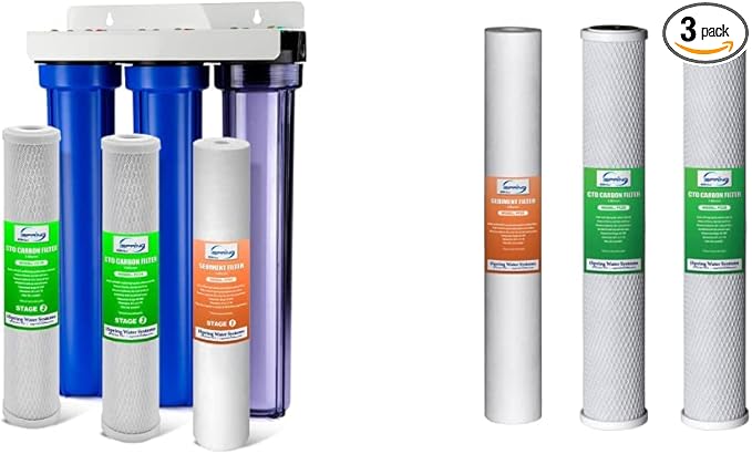 iSpring Whole House Water Filter System, Reduces Chlorine, Sediment, Taste, Odor, 3-Stage Whole House Water Filtration System w/ 20"x2.5" Water Filters and Clear 1st-Stage Housing, Model: WCB32C | Replacement Sediment Two Carbon Block Cartridges Fits W...
