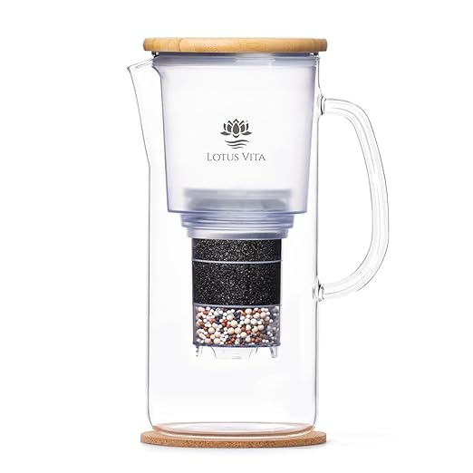 Lotus Vita ENYA Glass Water Filter Pitcher (10-Cups Total) - Removes Impurities, Adds Minerals - BPA Free - Glass & Bamboo Design - Improves Water Quality, Taste, and Drinking Habits