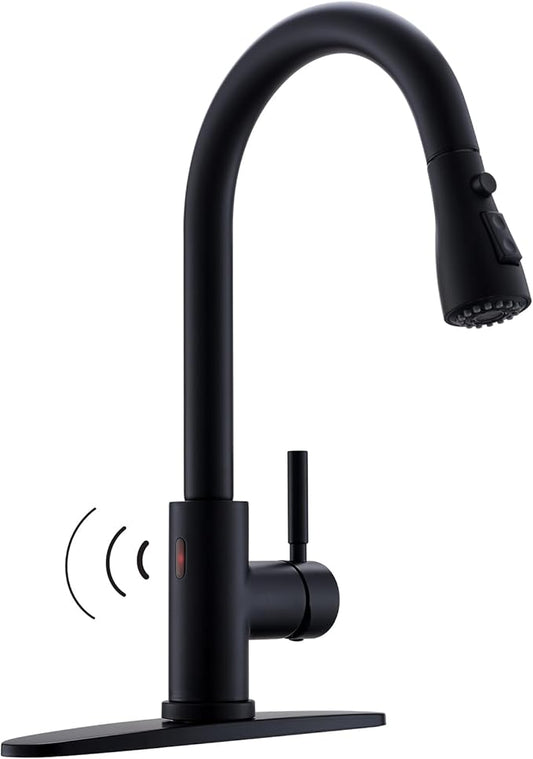 WEWE Black Kitchen Faucet, Touchless Kitchen Faucet with Pull Down Sprayer - Matte Black Single Handle Kitchen Faucets Hands-Free Activated Stainless Steel Kitchen Sink Faucet