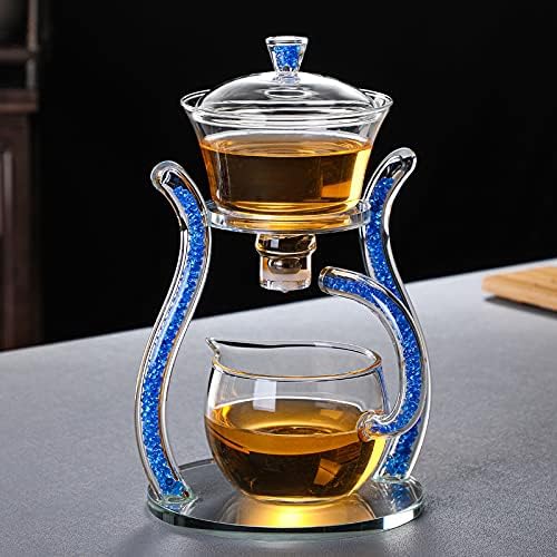 RORA Glass Teapot Set Semi Automatic Drip Rotating with Infuser Lazy Kungfu Tea pot Set (Blue)