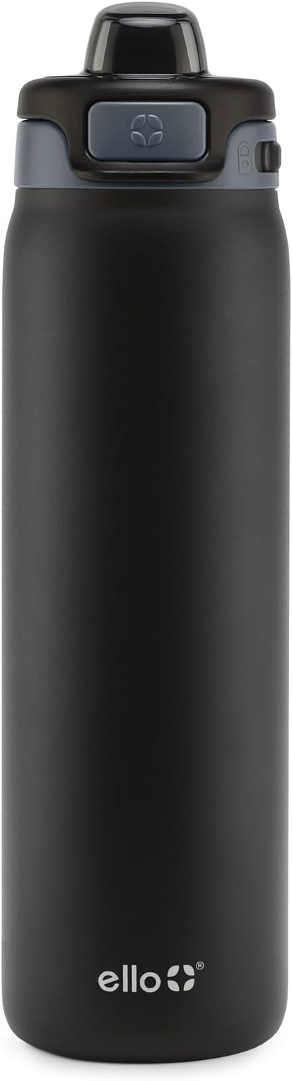 Ello Pop & Fill 22oz Stainless Steel Water Bottle with Quick Fill Technology, Double Walled and Vacuum Insulated Metal, Leak Proof Locking Lid, Sip and Chug, Reusable, BPA Free, Tonal Black