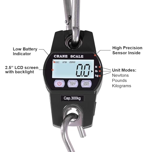 Fuzion Hanging Scale 660LB - Heavy Duty Crane Scale with Aluminum Body | Stainless Steel Hook, Hold/Tare Function, Large Display, Digital Hanging Scales for Weighing Animals, Hays, Fish, Luggage