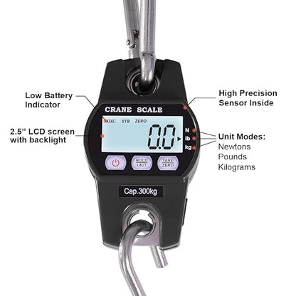 Fuzion Hanging Scale 660LB - Heavy Duty Crane Scale with Aluminum Body | Stainless Steel Hook, Hold/Tare Function, Large Display, Digital Hanging Scales for Weighing Animals, Hays, Fish, Luggage