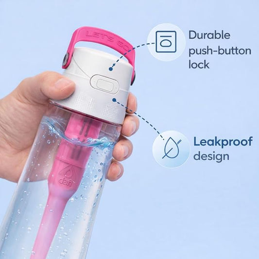 Dafi Filtered Water Bottle with Straw 17 oz - Sports Water Bottle Reusable with Carbon Filter for Gym, Travel, Daily Use - Leakproof, BPA-Free with Hypoallergenic Mouthpiece & Carrying Handle - Pink