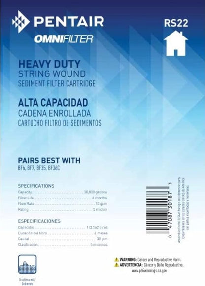 Pentair OMNIFilter RS22 Sediment Water Filter, 10-Inch, Whole House Heavy Duty Big Blue String Wound Replacement Cartridge, 10" x 4.5", 5 Micron, White