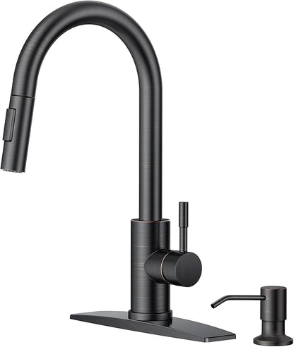 FORIOUS Oil Rubbed Bronze Kitchen Faucet with Soap Dispenser, High Arc Modern Sink Faucet with Pull Down Sprayer and Deck Plate Fit for 1 or 3 Hole for Pot Filler Bar Farmhouse Laundry Rv, ORB