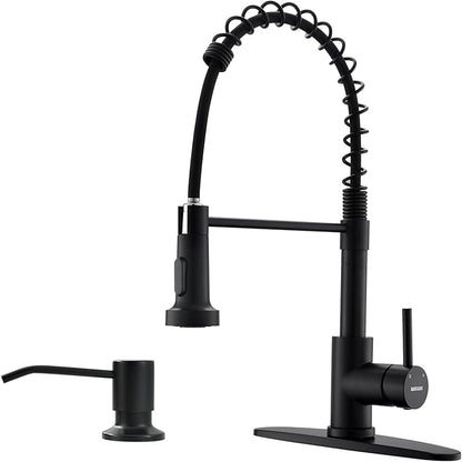 WEWE Black Kitchen Faucet with Soap Dispenser, Kitchen Sink Faucet with Pull Down Sprayer Stainless Steel Single Handle High Arc Pull Out Matte Black Faucet for Bar Laundry RV Utility