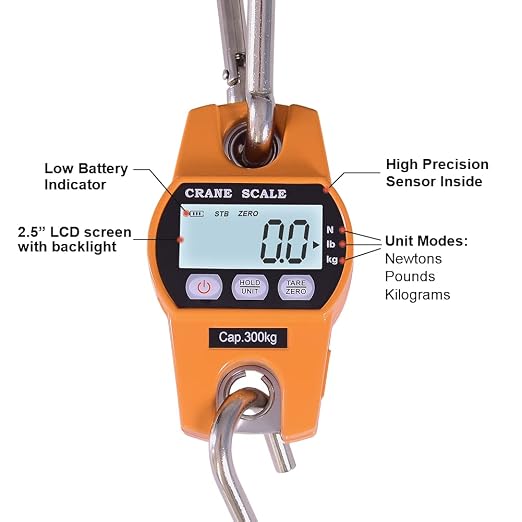 Fuzion Hanging Scale 660LB - Heavy Duty Crane Scale with Aluminum Body | Stainless Steel Hook, Hold/Tare Function, Large Display, Digital Hanging Scales for Weighing Animals, Hays, Fish, Luggage