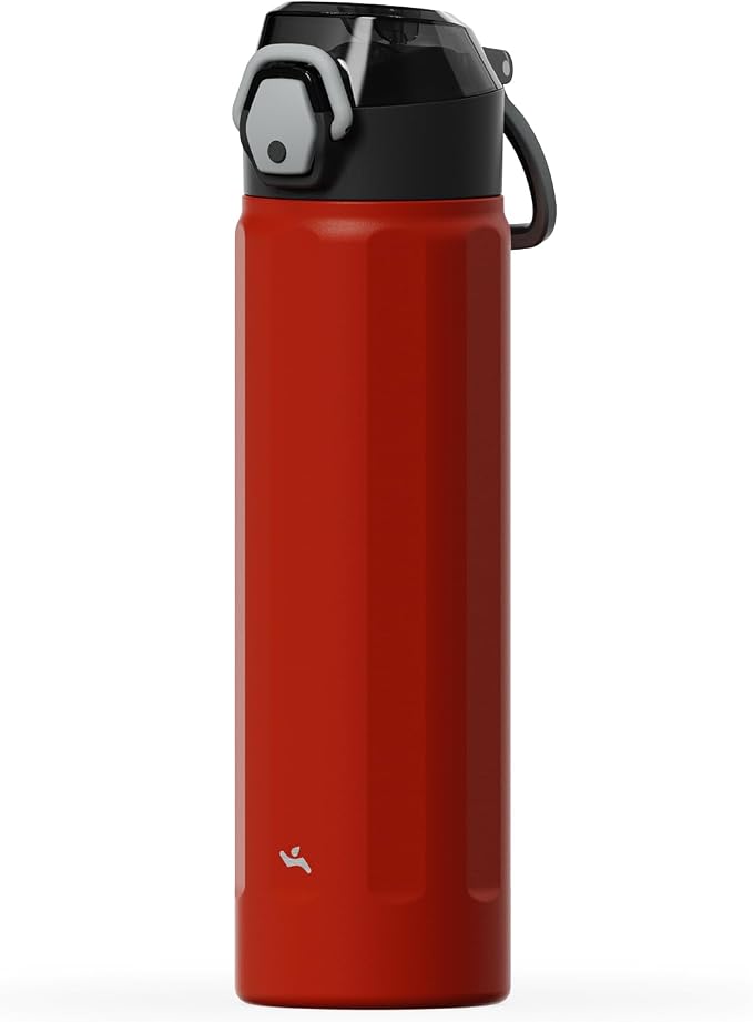 Konokyo FLOWPLAY 22oz Locking Push-Button Water Bottle with Silicone Spout,Leak-Proof,18/8 Stainless Steel Double-Wall Vacuum Insulated for Sports and Travel,BPA-Free,Red