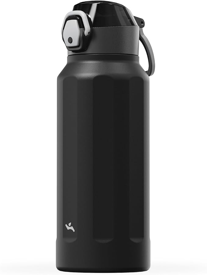 Konokyo FLOWPLAY 32oz Locking Push-Button Water Bottle with Silicone Spout,Leak-Proof,18/8 Stainless Steel Double-Wall Vacuum Insulated for Sports and Travel,BPA-Free,Black