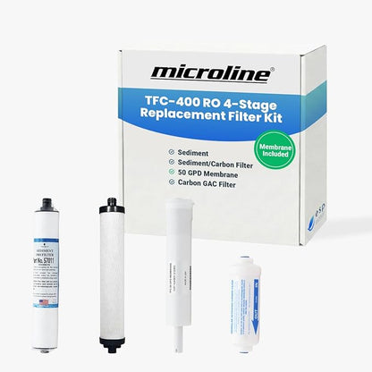 Genuine Microline TFC-400 Reverse Osmosis Replacement Filter Kit – 4-Stage RO System Maintenance Set with Sediment, Carbon, RO Membrane & Post Filters – Includes S7011, S7028, S1229RS, S7206W-JG