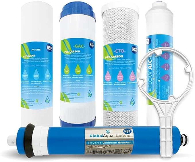 RO Water Filters Cartridge Replacement for 5-Stage with 75 GPD RO Membrane NSF certified Safe Drinking Water Filtration Reverse Osmosis Systems