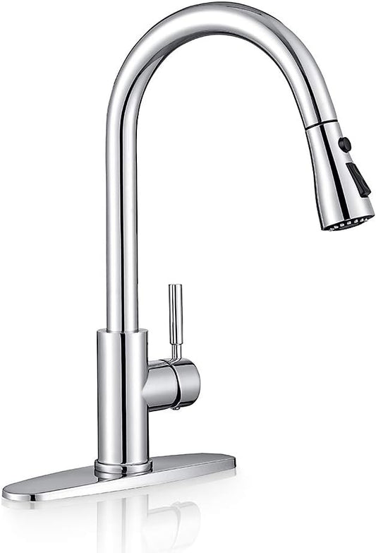 WEWE Sink Faucet, Pull Down Kitchen Faucet with Sprayer Low Lead Commercial Modern Stainless Steel rv Farmhouse Kitchen Faucet Single Handle 1 or 3 Hole Kitchen Sink Faucet, Polished Chrome