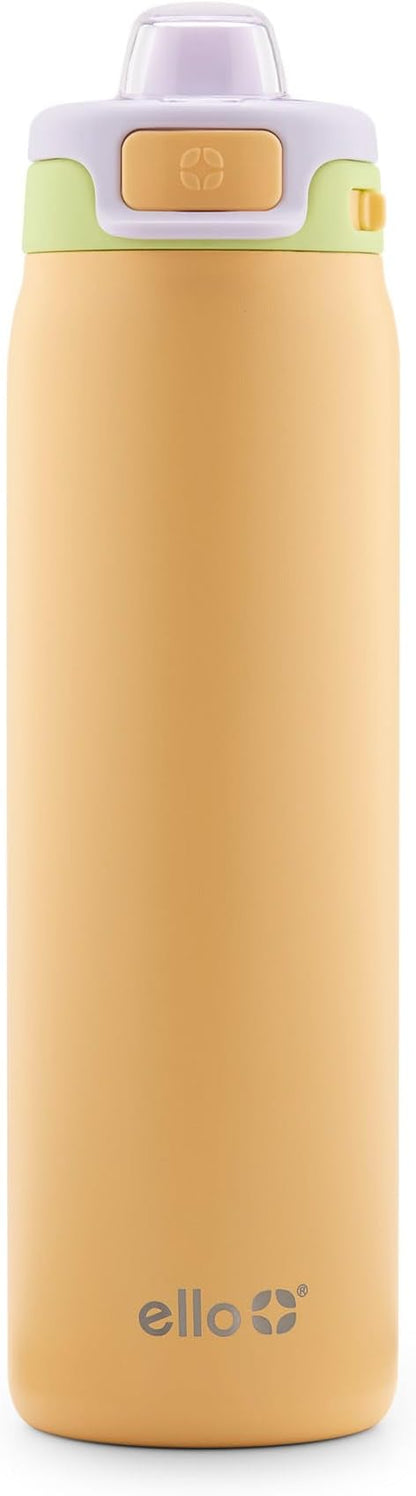 Ello Pop & Fill 22oz Stainless Steel Water Bottle with Quick Fill Technology, Double Walled and Vacuum Insulated Metal, Leak Proof Locking Lid, Sip and Chug, Reusable, BPA Free, Sunset Meadow