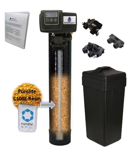 AFWFilters 64,000 Grain Purolite C100E NSF Resin Whole House Water Filter Fleck 5600SXT Water Softener System Complete with Salt Tank (1" MNPT Plastic Yoke with Bypass)