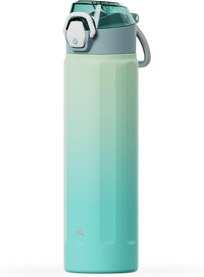 Konokyo FLOWPLAY 22oz Locking Push-Button Water Bottle with Silicone Spout,Leak-Proof,18/8 Stainless Steel Double-Wall Vacuum Insulated for Sports and Travel,BPA-Free,Mint