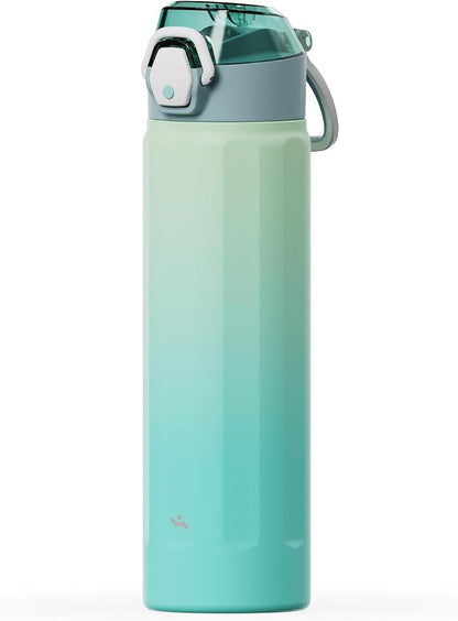Konokyo FLOWPLAY 22oz Locking Push-Button Water Bottle with Silicone Spout,Leak-Proof,18/8 Stainless Steel Double-Wall Vacuum Insulated for Sports and Travel,BPA-Free,Mint