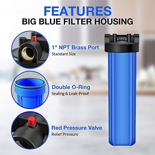 SimPure 20 inch Water Filter Housing DB20P and 20" x 4.5" Sediment Whole House Water Filter Cartridges, Pre-Filtration System for Well and City Water, 1" NPT Port