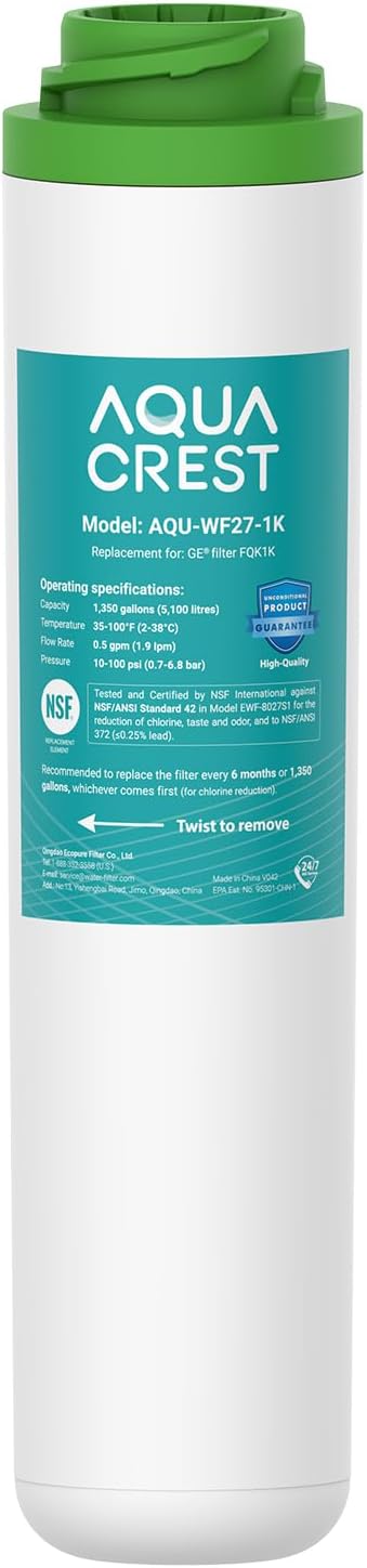 AQUA CREST FQK1K Under Sink Water Filter Replacement for GE FQK1K, FQK2J | Compatible with GE GXK185K, GX1S50R, GXRLQ filtration systems, NSF/ANSI 42 & 372, Reduces Chlorine, Taste&Odor, 1350 Gallons
