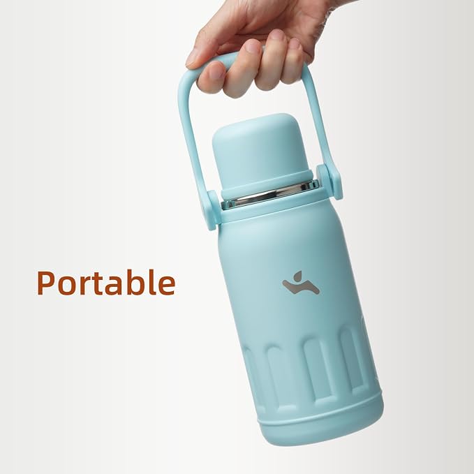 Konokyo Insulated Water Bottle with Handle and Strap,Vacuum Travel Tumbler with Cup Lid,Thermo Coffee Cup for Hot Cold Drinks 27 OZ,Cyan Blue