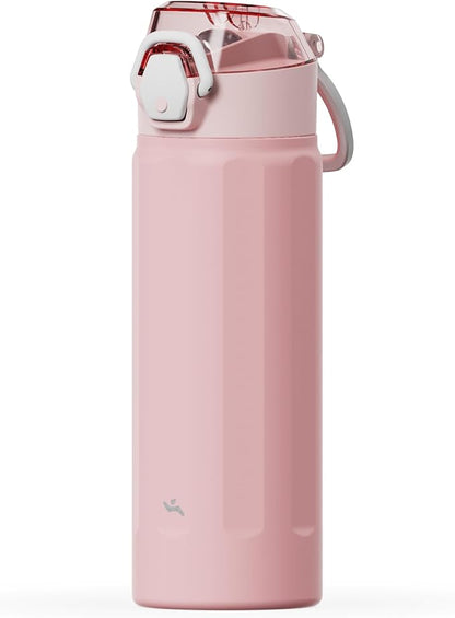 Konokyo FLOWPLAY 18oz Locking Push-Button Water Bottle with Silicone Spout,Leak-Proof,18/8 Stainless Steel Double-Wall Vacuum Insulated for Sports and Travel,BPA-Free,Pink