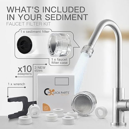 Kitchen and Bathroom Faucet Filter Kit - Includes 10 Adapters - Improves Taste and Odor, Protects Skin and Health - Removes Dirt and Rust (Sediment)